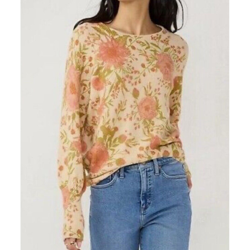 New LC Lauren Conrad Floral Print Crewneck Sweater Tan Pressed Peony Womens Sz S - Picture 8 of 8